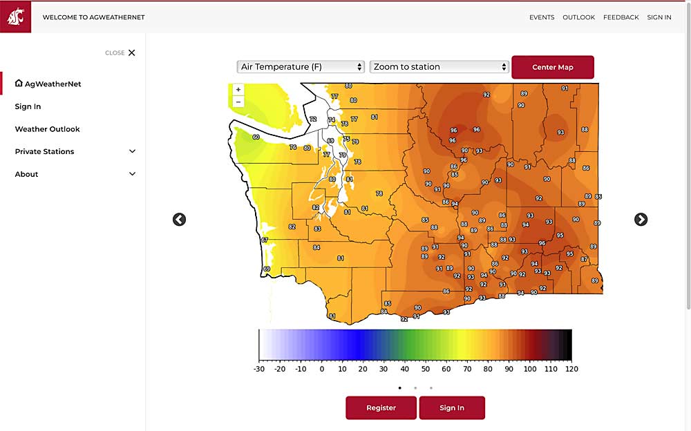 Para ayudar a los productores a proteger a sus trabajadores y a cumplir las normas de seguridad ante los efectos del calor del sol en Washington, AgWeatherNet, de la Universidad Estatal de Washington, ha puesto en marcha un modelo de "Concienciación sobre los efectos del calor del sol en el trabajo" para proporcionar a los empresarios previsiones específicas para cada lugar. (Cortesía Washington State University)