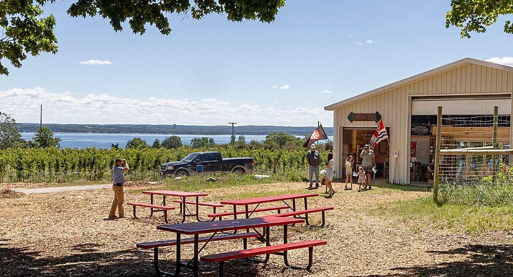 Un mercado de Wunsch Farms en la península de Old Mission, justo al norte de Traverse City. Al fondo se aprecia la bahía Grand Traverse. La huerta produce fruta fresca para la venta local. (Matt Milkovich/Good Fruit Grower)