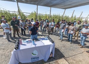 En julio, Alejandra Odegard, de Swan Systems, habla sobre riego automatizado con los asistentes al día de campo del proyecto Smart Orchard de la Universidad Estatal de Washington en Mattawa. Los investigadores afirman que las herramientas de Swan y otras empresas les permitieron regar y nebulizar una parcela de manzanos de forma automática con menos agua y obtener resultados de producción similares, o incluso mejores, que en una parcela controlada por el productor. (TJ Mullinax/Good Fruit Grower)