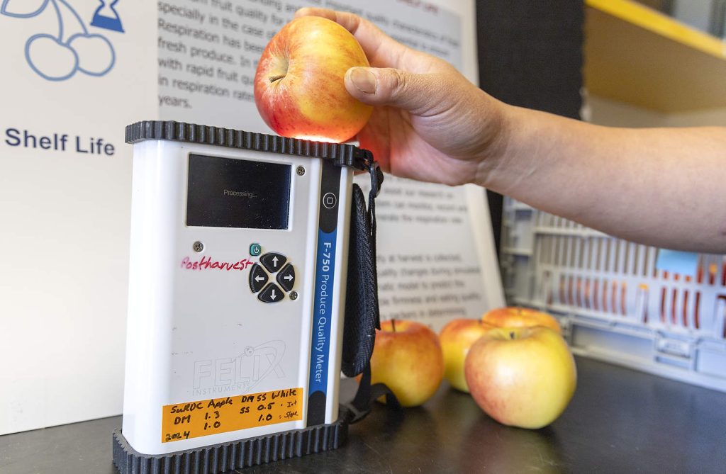 Un científico que analiza una manzana