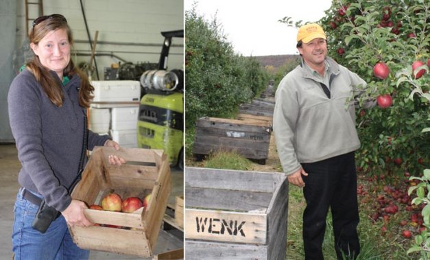 Left: Sidney Kuhn, 32, owns the direct marketing arm of Kuhn Orchards. Right:  David Wenk and uncle carry on the family farm that dates to 1796.
