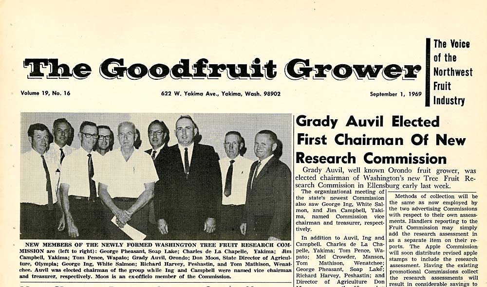 In August 1969, Washington growers voted in favor of forming the Washington Tree Fruit Research Commission, with funding to come from a 10-cent-per-ton assessment on all Washington-grown tree fruit. The 10-member board of commissioners was announced in the Sept. 1, 1969, issue of Good Fruit Grower (known at the time as The Goodfruit Grower). (Good Fruit Grower archive)