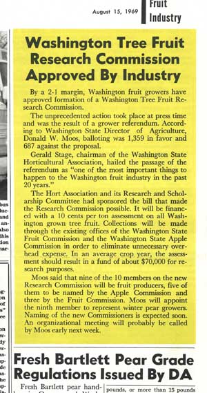 With an uncertain labor supply and a need for automation in production tasks, Washington growers in 1969 voted 2-1 in favor of the commission. (Good Fruit Grower archive)