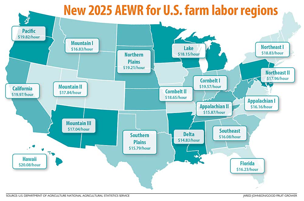 A map showing Adverse Effect Wage Rates for U.S. farm labor regions in 2025. (Source: U.S. Department of Agriculture National Agricultural Statistics Service; Graphic: Jared Johnson/Good Fruit Grower)