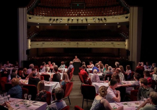 The 2018 IFTA Study Tour kicked off with a welcome address and dinner on the stage of the Isaac Theatre Royal in Christchurch, New Zealand. (TJ Mullinax/Good Fruit Grower)