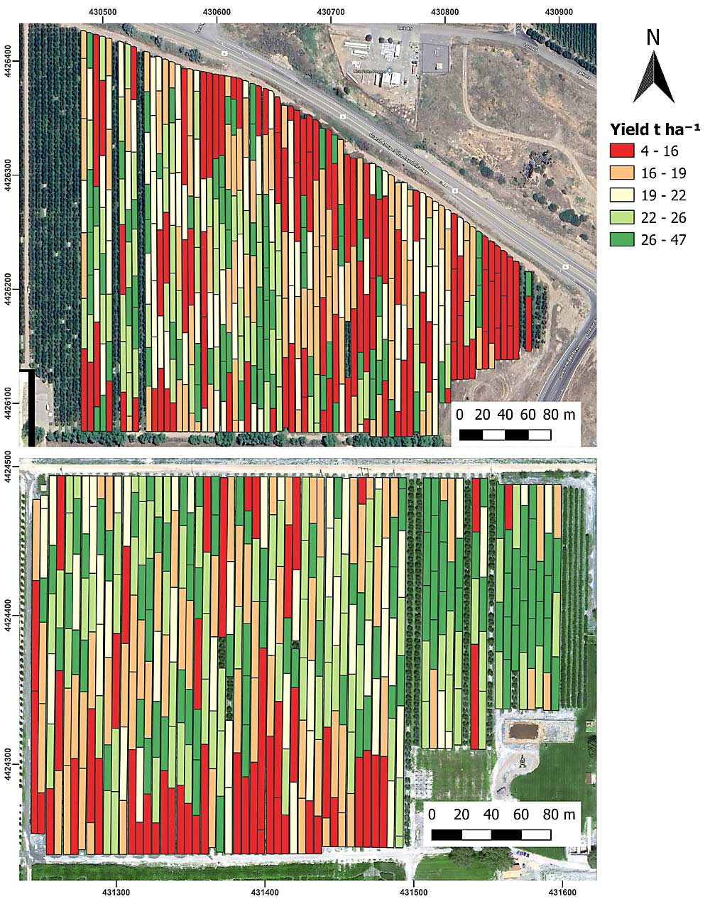 Digital maps based on yield-monitoring data show tart cherry growers the yield variability in their orchard blocks. The information can help them make more efficient management decisions. (Courtesy Anderson Safre/Utah State University)