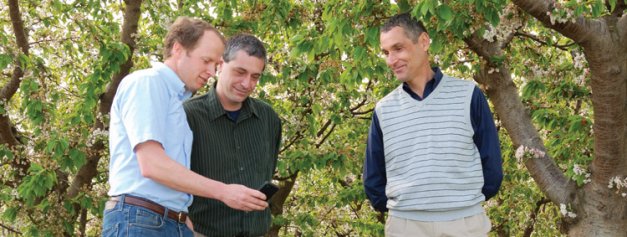 Troy Peters, left, checks the irrigation scheduler on his phone in a cherry orchard with Sean Hill, AgWeatherNet Web developer, and Gerrit Hoogenboom, right, director of AgWeatherNet. 