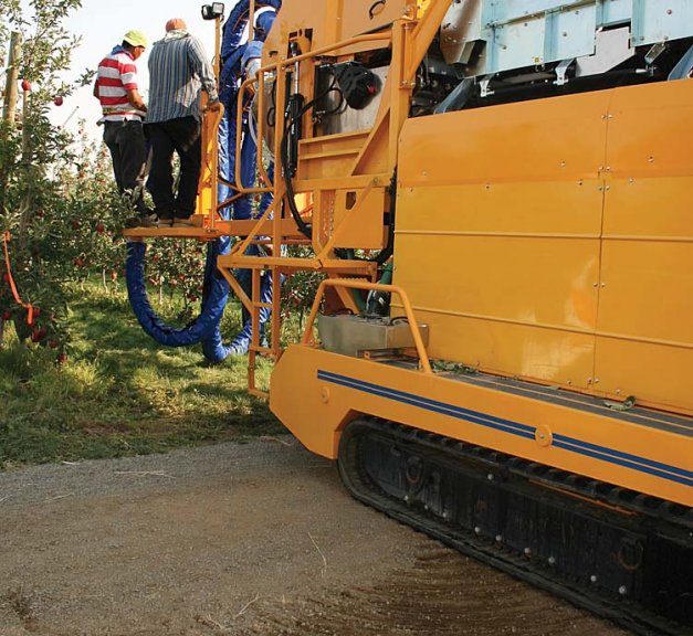 The Picker Tech harvester is on tracks, making it easy to turn and reducing soil compaction.