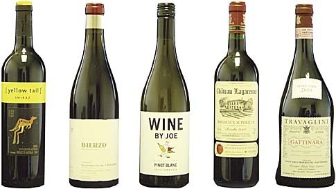 Researchers categorized wine bottle designs into five basic types (from left): contrasting, delicate, massive, natural, and nondescript.