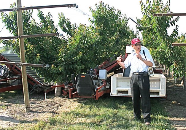 Qin Zhang explains during a WSU field day how he is working to improve the mechanical cherry harvester developed by USDA researcher Donald Peterson more than a decade ago.
