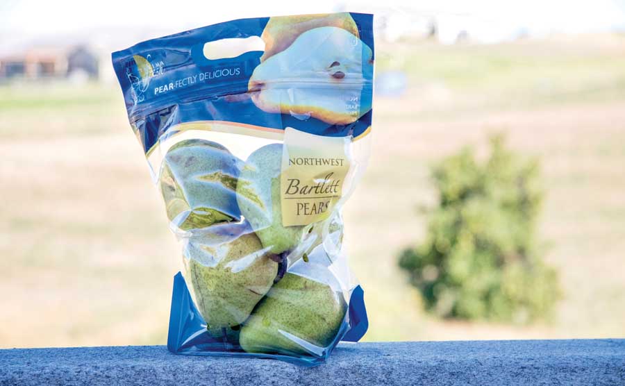A 2-pound pouch bag for Yakima Fresh, also called a gusset bag, provides a canvas for branding pears. <b>(Photo illustration by TJ Mullinax/Good Fruit Grower)</b>