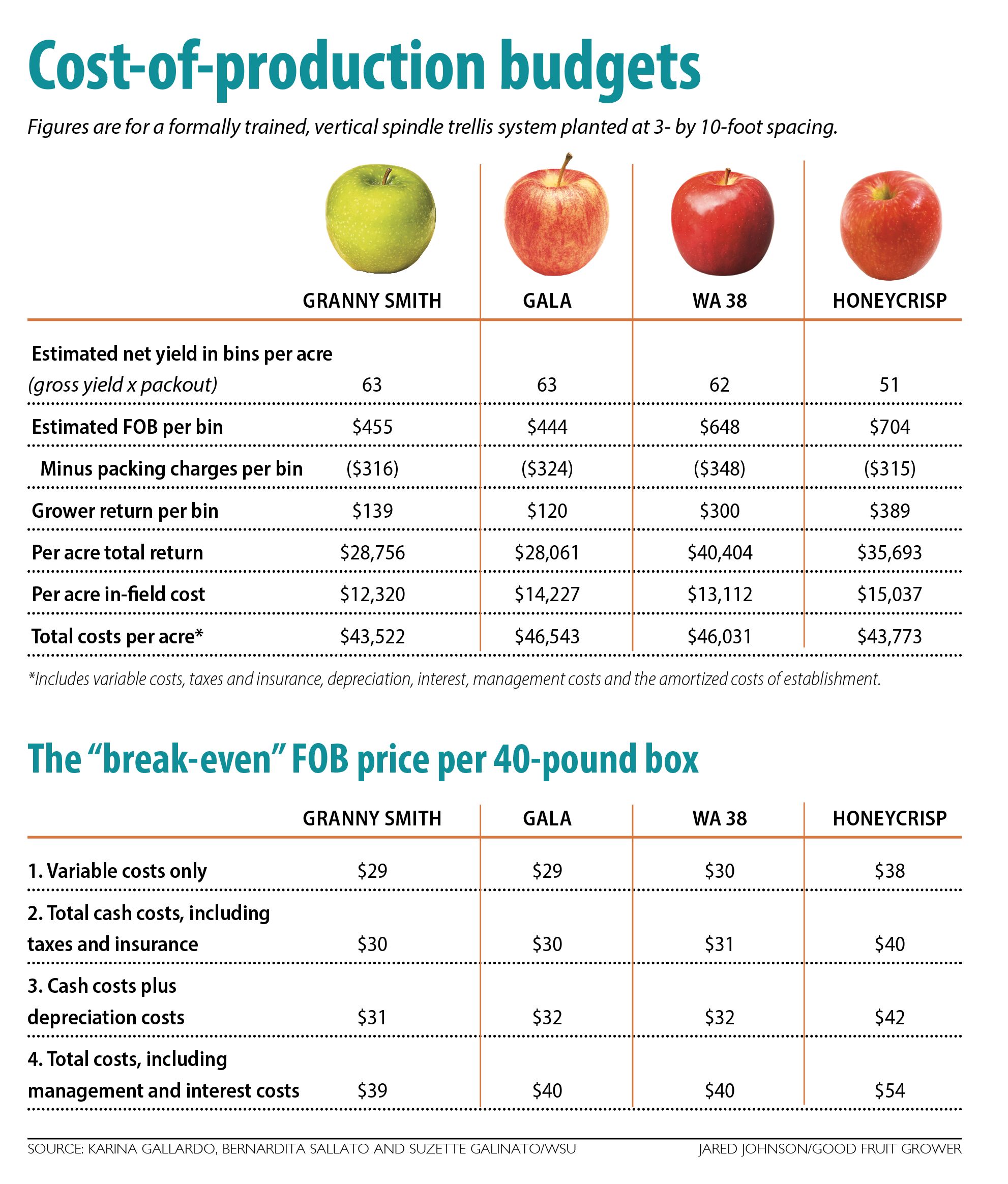 Information from Washington State University's cost-of-production budgets for four apple varieties. (Source: Karina Gallardo, Bernardita Sallato and Suzette Galinato/WSU;	Graphic: Jared Johnson/Good Fruit Grower)