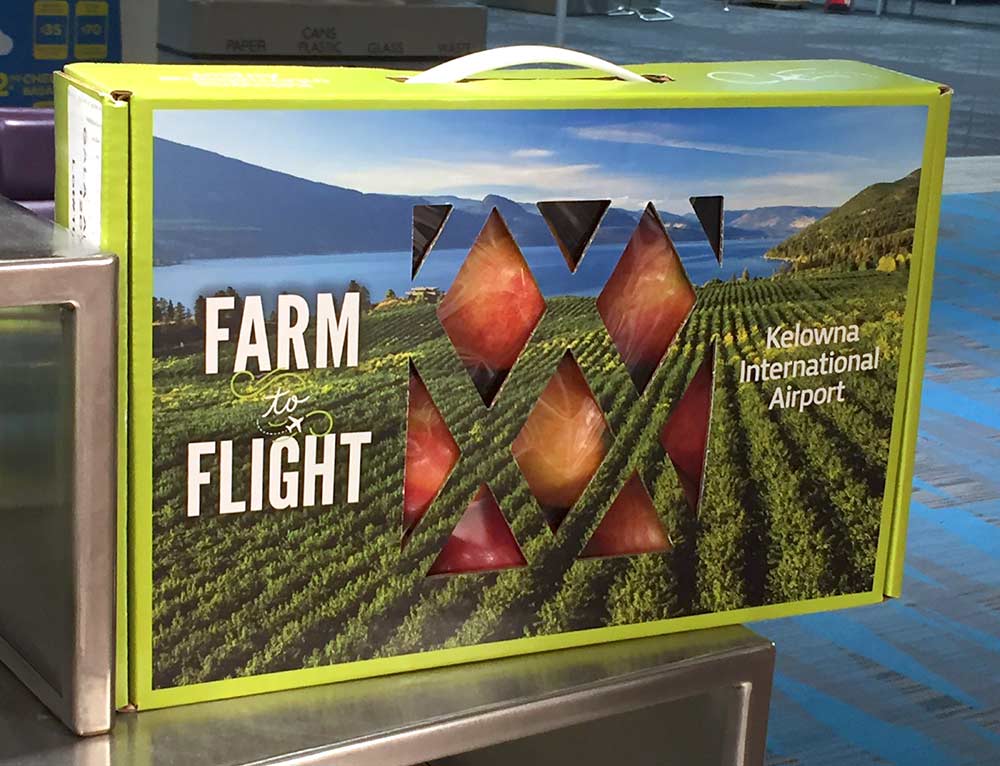 High-impact graphics adorn cases of fruit designed to fit under an airplane seat and raise the profile of Okanagan tree fruits. <b>(Courtesy Kelowna International Airport)</b>