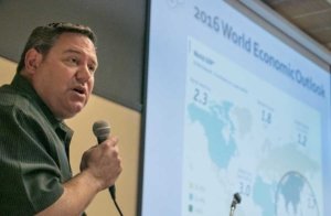 B.J. Thurlby, president of the Northwest Cherry Growers, discusses the 2016 cherry harvest Wednesday at the annual Five-State Meeting in Richland, Washington. Growers projected a crop of 18.3 million 20-pound box equivalent, the industry third estimate of the year. (Ross Courtney/Good Fruit Grower)