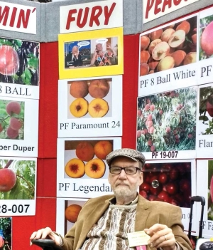 Paul Friday displays some of his peach varieties at his booth during the Great Lakes Fruit, Vegetable and Farm Market EXPO in Grand Rapids, Michigan. Over the years, his prolific Michigan breeding program has introduced 37 peaches, all under the series name Flamin’ Fury. Each new variety can take up to two decades to develop. <b>(Leslie Mertz/Good Fruit Grower)</b>