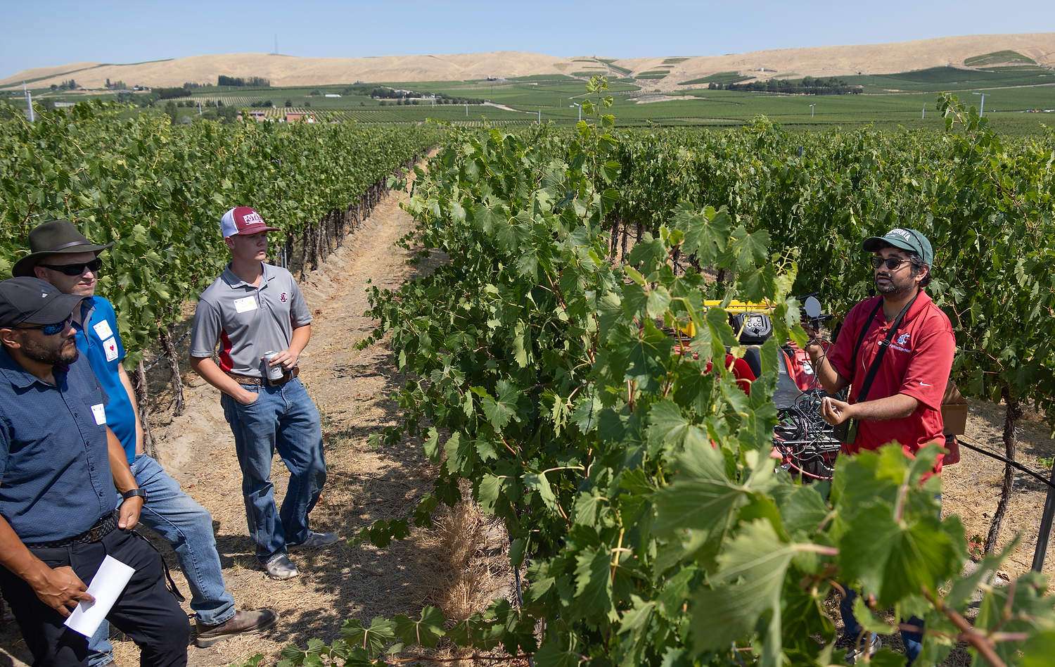 Srikanth Gorthi, right, shows a leaf wetness sensor at a viticulture field day