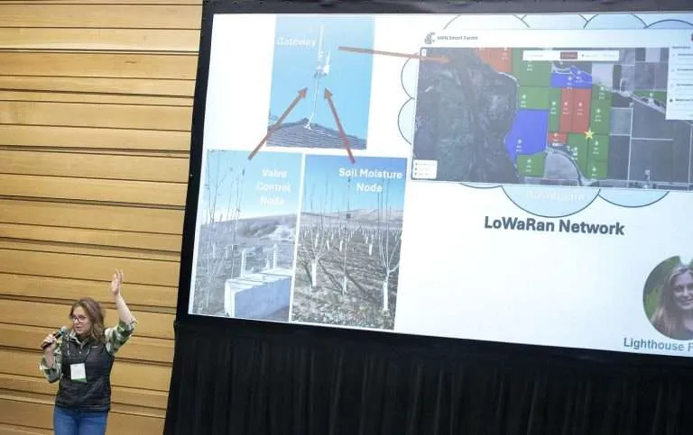 Chelsea Durfey Campbell discusses how her family’s Sunnyside orchard has connected irrigation, soil moisture and microclimate sensors to a Washington State University AgWeatherNet dashboard through LoRaWAN in December at the Washington State Tree Fruit Association Annual Meeting in Wenatchee. (Ross Courtney/Good Fruit Grower)