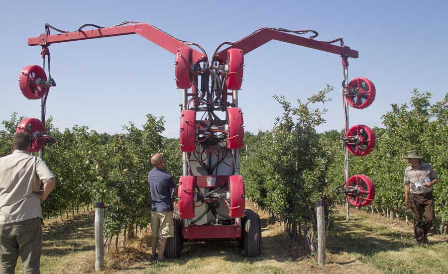 Cornell University researchers showed off a multi-row sprayer July 19, 2016, at the International Fruit Tree Association Study Tour in Waterport, New York. <b>(Shannon Dininny/Good Fruit Grower)</b>