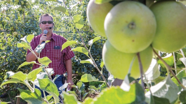 Dale Goldy talks about managing Honeycrisp through better thinning practices on the first day of the IFTA Washington tour on July 15, 2015. <b>(TJ Mullinax/Good Fruit Grower)</b>