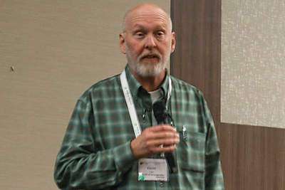 Kevin Day, longtime educator with University of California Cooperative Extension, shares updates on the California stone fruit industry on Feb. 9 at the International Fruit Tree Association Annual Meeting in Fresno, California. (Kate Prengaman/Good Fruit Grower)