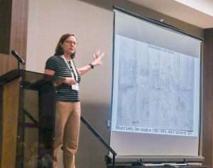Reuwai Hanewald shares a historical drawing of her family’s 10th-generation farm in Princeton, New Jersey, showing the orchards about 100 years ago, and the horses, by name, to illustrate that every farm is shaped by its own unique history and its own viable future. She spoke at the IFTA Annual Meeting on Feb. 9. (Kate Prengaman/Good Fruit Grower)