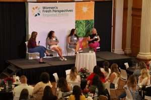 Eva Martinez, right, account manager for Domex Superfresh Growers, shares that she was nervous to speak on the panel but says, as women, “we were meant to be heard and not just seen.” Putting yourself out there, despite nerves and uncertainty, was a theme of the Women’s Fresh Perspectives Conference focused on leadership development. (Kate Prengaman/Good Fruit Grower)