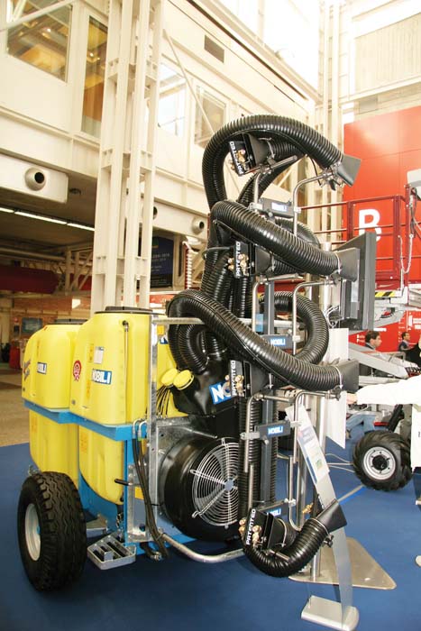 An octopus towed sprayer has two separate tanks, allowing application of chemicals that can't be tank-mixed. Made by Noboli, Spain.
