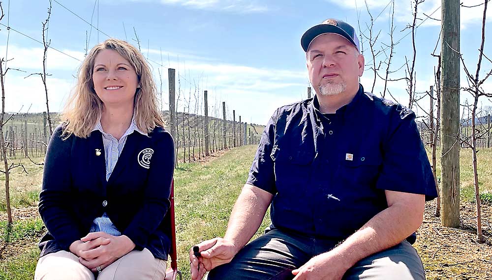 Katy Orr-Dove and Don Dove of Orr’s Farm Market sit among their apple trees in spring 2024. The farm on West Virginia’s Apple Pie Ridge was originally purchased by Orr-Dove’s grandfather in 1954 when the region focused entirely on the processing market. Now, the owners and many others in the region are figuring out how to adapt to a declining processing market. (Connor Gibbons/for Good Fruit Grower)