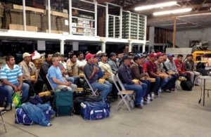 Great Lakes Agricultural Labor Services provides training and orientation to incoming workers immediately upon arrival, as they did here, on the Leitz brothers’ farm near Sodus, Michigan on June 27, 2015. (Courtesy Fred Leitz)