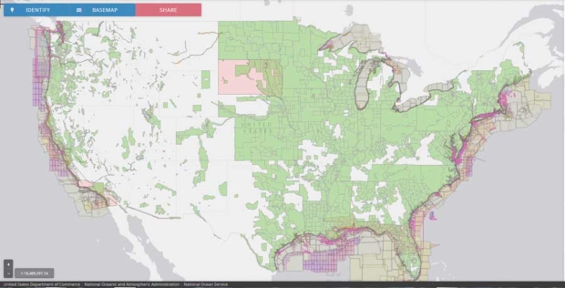 The green regions on this map represent the areas for which LiDAR data is available for use with Agren’s SoilCalculator to create on-farm soil erosion management plans. <b>(Courtesy National Oceanic and Atmospheric Agency)</b> 