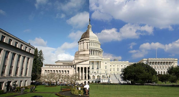 At the Washington state Legislature, illustrated at left by the state Capitol building in Olympia, lawmakers have created a new state office to regulate the hiring of H-2A employees but decided against implementing a new fee to pay for the work. Agricultural employer groups are trying to convince the other Washington, illustrated at right by the Washington D.C. Capitol building, to boost funding to keep up with the surge in H-2A employment nationwide.(Left photo: Ross Courtney/Good Fruit Grower; right photo: Courtesy Martin Falbisoner)
