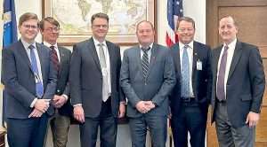 During its annual Capitol Hill Day in March, U.S. Apple Association officers met with Riley Pagett, left, the U.S. Department of Agriculture chief of staff for international trade. The discussion included the potential for U.S. apple exports to destinations including Indonesia and Japan, as well as a frank exchange on the damaging effects of tariff wars on apple exports — illustrated by the five-year loss of the India market. Attendees included, from second to left: Philip Glaize III of Virginia, Steve Clement of Washington, Brett Baker of New York, Steve Smith of Washington and Jim Bair, the president and CEO of USApple. (Courtesy Jim Bair/USApple)