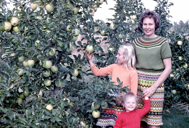 Dena Perleberg, pictured in 1973 with her mother Gie and younger sister Carla, is already taking an interest in fruit growing. (Courtesy Perleberg family)