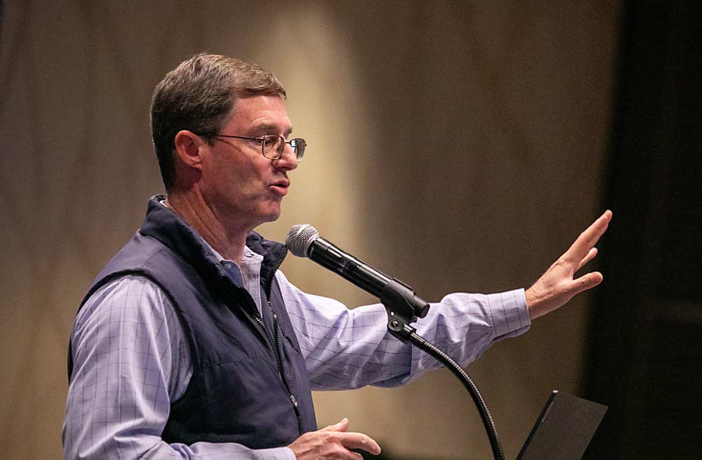 Walt Duflock, vice president of innovation for Western Growers, delivers the keynote speech at the Cherry Institute lunch. (TJ Mullinax/Good Fruit Grower)