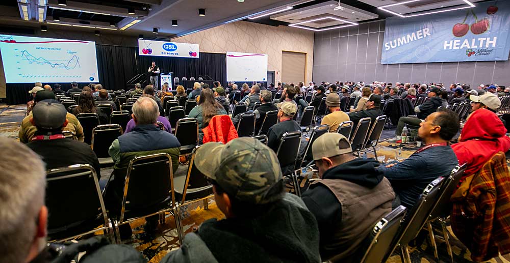 B.J. Thurlby, president of Northwest Cherries, recaps the 2024 cherry season to kick off the 82nd annual Cherry Institute Jan. 10 in Yakima. (TJ Mullinax/Good Fruit Grower)