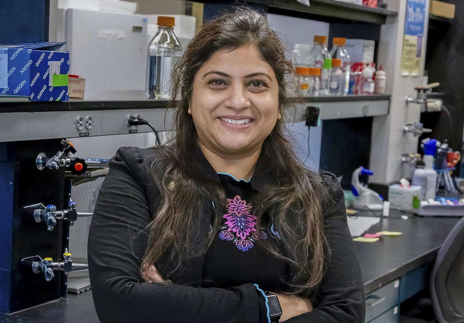 Mapping a landscape of nutrition for pollinators Priya Chakrabarti Basu, Washington State University’s newest bee scientist, poses in a bee research laboratory at the Pullman campus. (Courtesy Janae Becher/Washington State University)