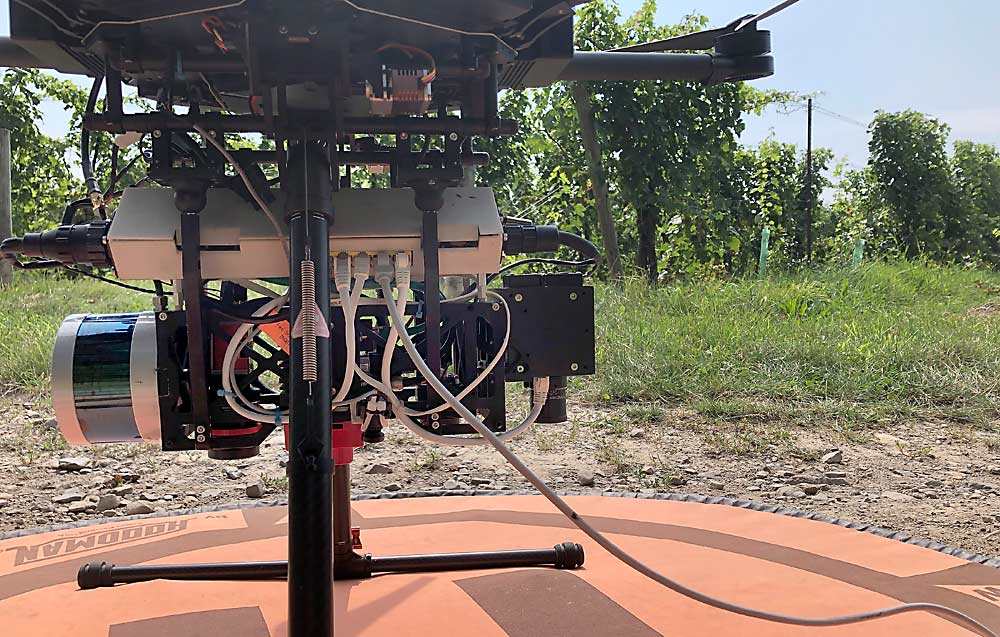 This research drone carries a host of sensors, selected by engineers at the Rochester Institute of Technology, for scanning grapevines to assess variation in nutrient status. Included are lidar, multispectral, hyperspectral, near-infrared and thermal sensors, plus an RGB camera. (Courtesy Rob Chancia/Rochester Institute of Technology)