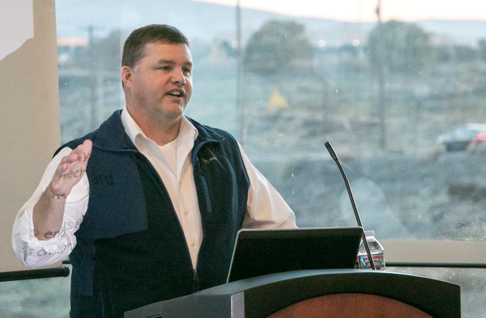 Terry Bates, director of the Cornell University Lake Erie Research and Extension center, describes a small crop research initiative project about variable crop management during the Ravenholt Lecture at the Washington State University Wine Science Center in Richland, Washington, in November. <b>(Ross Courtney/Good Fruit Grower)</b>