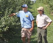 Randy Beaudry outlined the storage protocols he has developed for maintaining Honeycrisp quality. He spoke to growers in orchard operated by Joe, Al, Dan, and Ryan Dietrich near Conklin, Michigan. He and Dan look over the developing Honeycrisp crop. (Richard Lehnert/Good Fruit Grower)