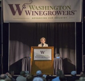 Vicky Scharlau speaks during the 2017 Washington Winegrowers award banquet on February 7, 2017, in Kennewick, Washington. Scharlau unveiled the new trademark that replaces the association's previous name of the Washington Association of Wine Grape Growers earlier in the day. (TJ Mullinax/Good Fruit Grower)