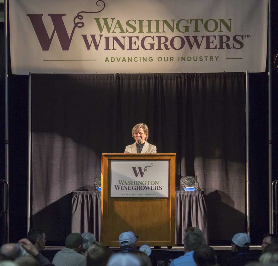 Vicky Scharlau speaks during the 2017 Washington Winegrowers award banquet on February 7, 2017, in Kennewick, Washington. Scharlau unveiled the new trademark that replaces the association's previous name of the Washington Association of Wine Grape Growers earlier in the day. <b>(TJ Mullinax/Good Fruit Grower)</b>