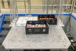 An electrodynamic shaker at the Michigan State University School of Packaging simulates transportation vibrations and their effects on different types of apple packaging.