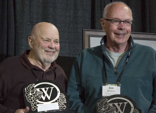 John Williams, left, and Jim Holmes were both honored with the Lifetime Achievement Award during the Washington Association of Wine Grape Grower meeting in Kennewick, Washington on February 10, 2016. <b>(TJ Mullinax/Good Fruit Grower)</b>