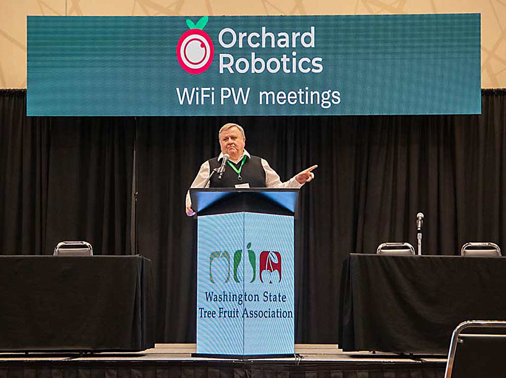 Gary Grove of Washington State University delivers the Baetjer Address on Dec. 9 at the Washington State Tree Fruit Association Annual Meeting at the Yakima Convention Center. (Ross Courtney/Good Fruit Grower)