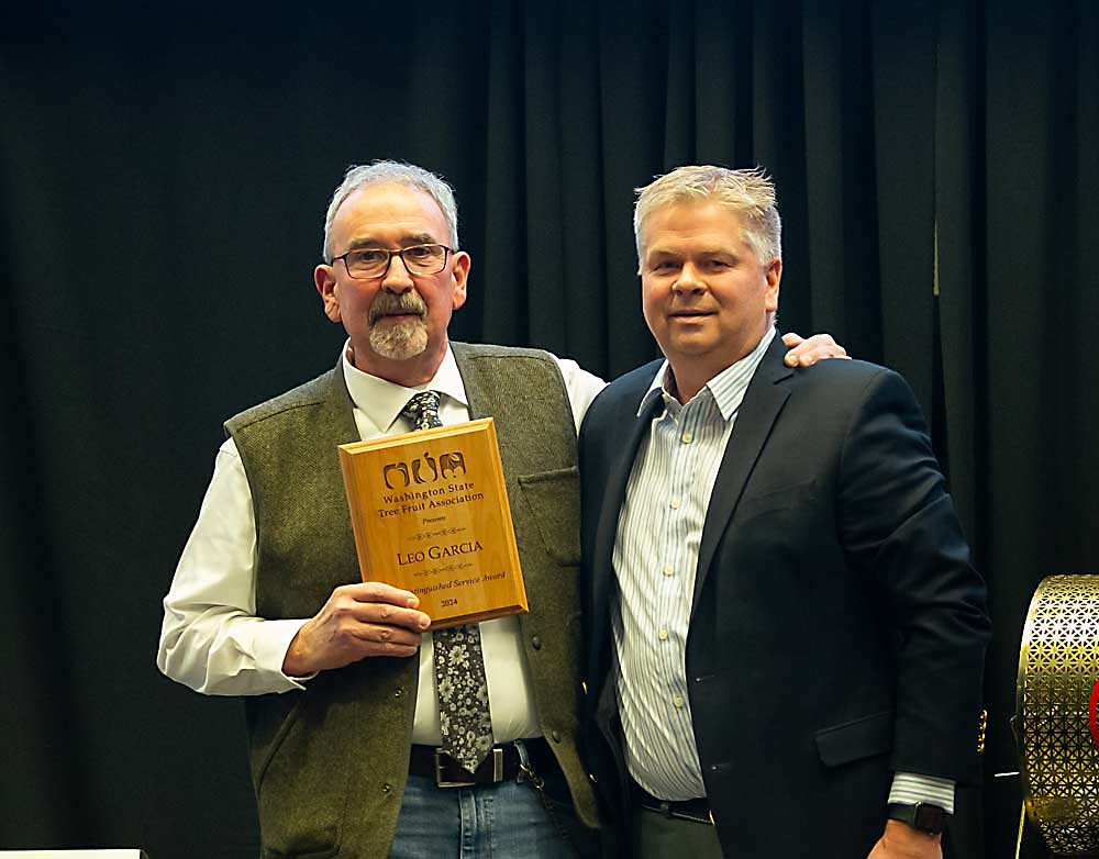 Leo Garcia, left, receives the Distinguished Service Award on Dec. 10 from Jeff Baldwin at the Washington State Tree Fruit Association Annual Meeting awards banquet at the Yakima Convention Center. (Ross Courtney/Good Fruit Grower)