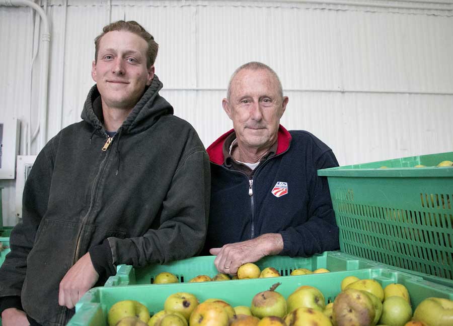 Noah, left, and Vince Gizdich and their Watsonville, California, neighbors hang on in the once thriving apple region with a pie shop, their own juice press, U-pick, Bay Area fresh markets and a reliance on cider giant Martinelli’s. <b>(Ross Courtney/Good Fruit Grower)</b>