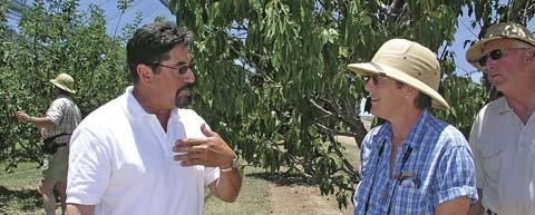 Washington State IPM consultant Naná Simone (right) chats with Chihuahua orchardist Hector Ordoñez.