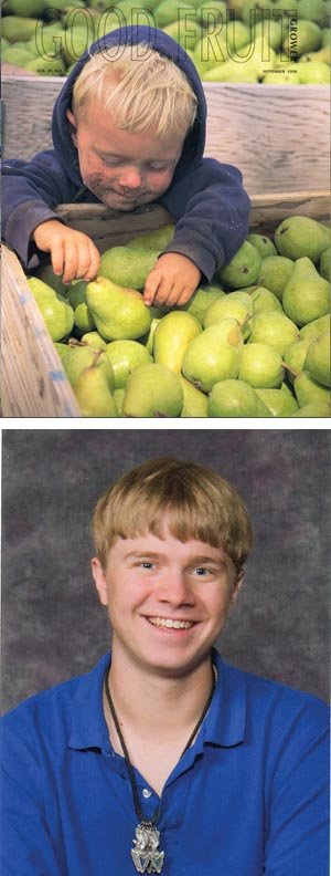 Fruit fan Sam Kirby, now 18, was about three when Peter Marbach photographed him. It’s taken a while, but Sam Kirby is getting over his embarrassment about what the Good Fruit Grower staff called “the dirty-faced pear boy” photo. 
