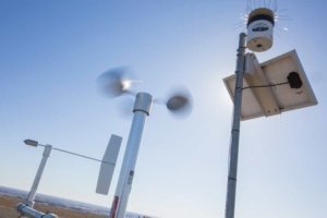 An AgWeatherNet anemometer spins from wind above a young Merlot planting northeast of Royal City, Washington, collecting data that will help predict key stages in phenological development through a new model now available to growers. (TJ Mullinax/Good Fruit Grower)