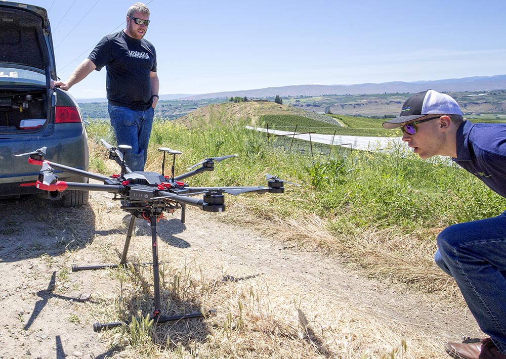 John Sulik of MicaSense inspects one his company's sensors mounted onto a drone owned by Bryan Monarch of UpAngle Drone Services in preparation for a flight over Allan Bros. orchards. <b>(TJ Mullinax/Good Fruit Grower)</b>